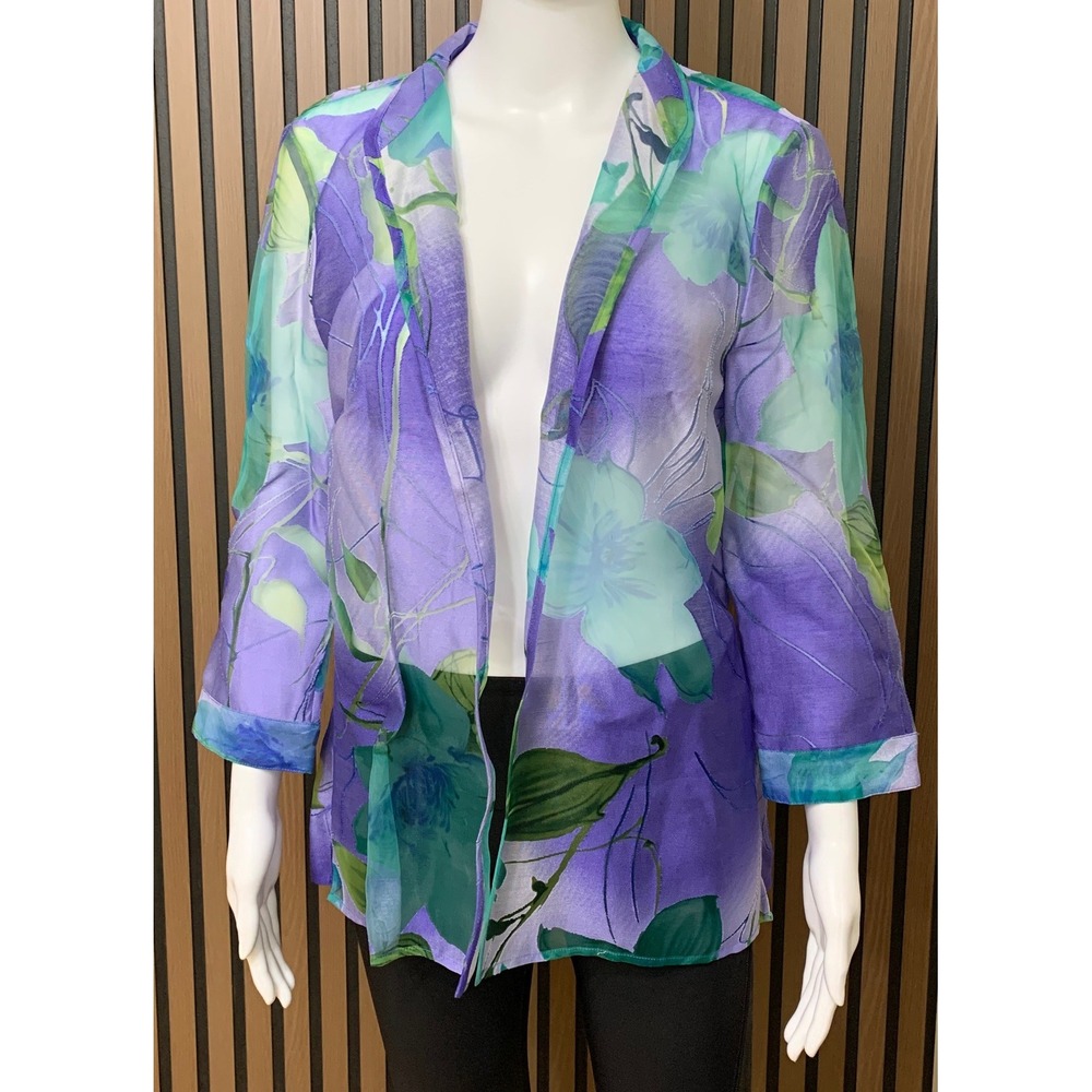 Coldwater Creek Blue Teal Floral Sheer Open Front Jacket Linen Blend Size 10